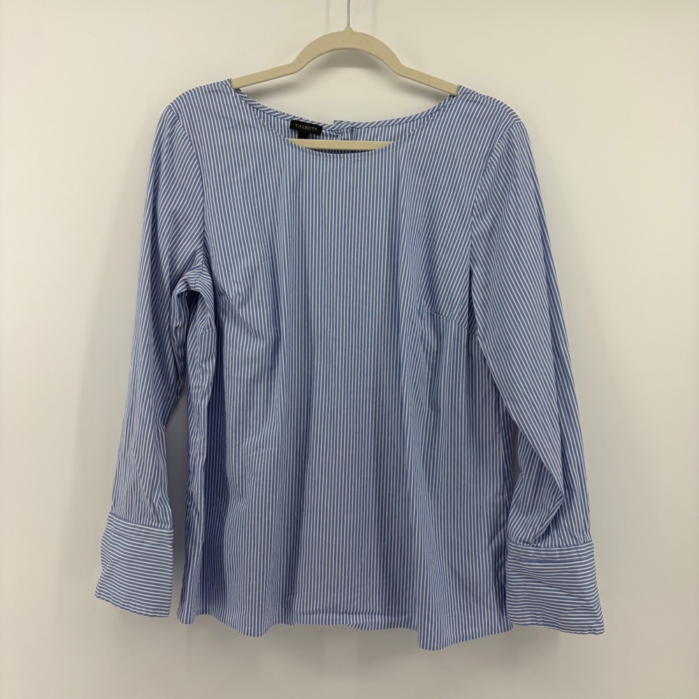 Talbots Womens L Blue Striped Blouse Button Back Bow Cuff Long Sleeve Top